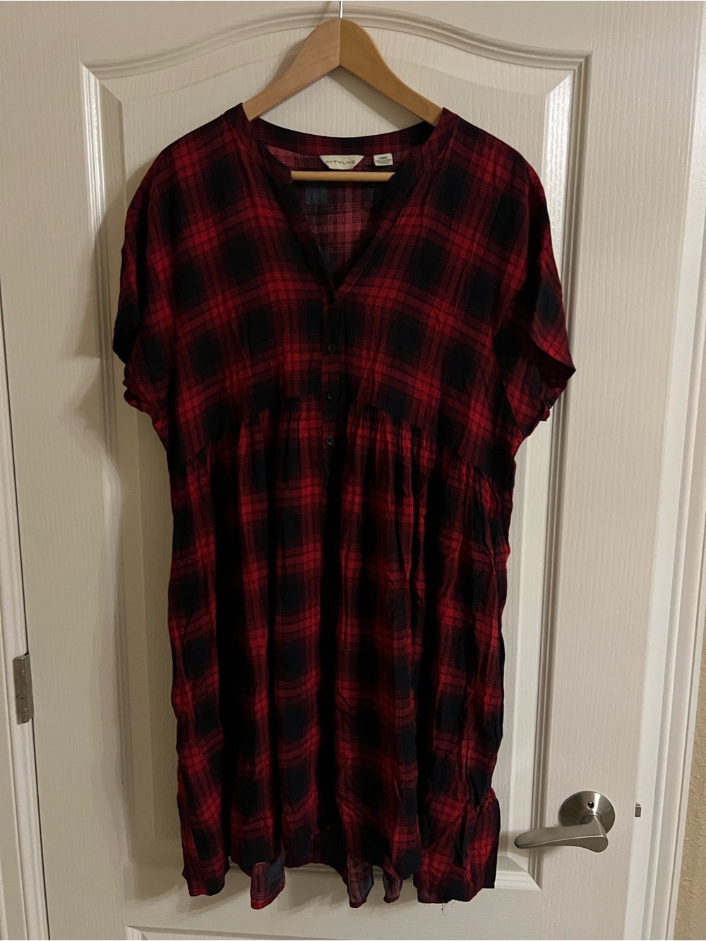 Anthropologie Red and Black Plaid Short-Sleeve Tunic